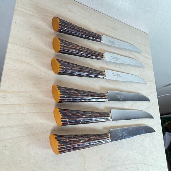 VTG Westall Richardson Sheffield England 6 Steak Knifes Bakelite Antler Handles - Picture 4 of 7